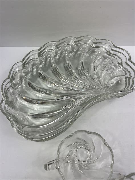 Hazel Atlas Glass Informal Seashell Clear Snack Set Cups Plates Swirl