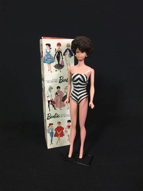 Lot Vintage Brunette Bubblecut Barbie Wearing Black White Stripe Swimsuit Comes In Original