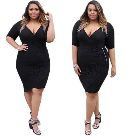 F20461a New Fashion Fat Women Dresses Deep V Neck Slim Black Dress