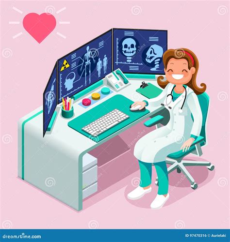 Hospital Computer Healthcare Data Isometric People Cartoon Stock Vector