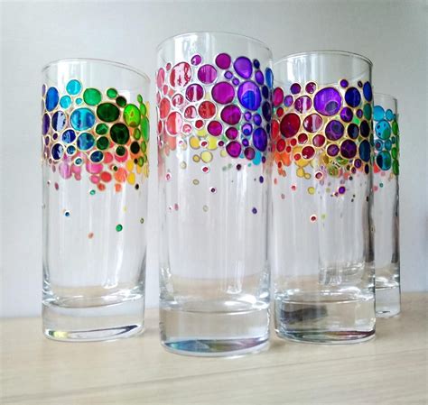 Rainbow Drinking Glasses Set Of 4 Hand Painted Colored Etsy Colored