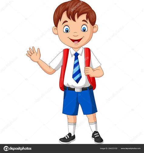 Vector Illustration Cartoon School Boy Uniform Waving Hand Stock Vector
