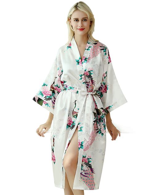 Feinuhan Womens Peacock Floral Satin Robe Kimono Silky Nightgown Sleepwear