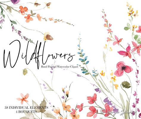 Wildflowers Watercolor Floral Clipart Wild Flowers Wedding Etsy