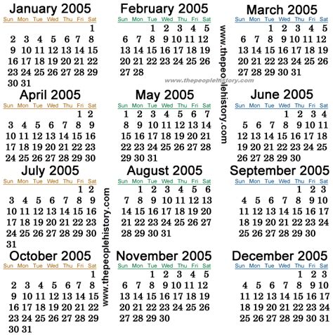 2005 Year Calendar Printable Calendar