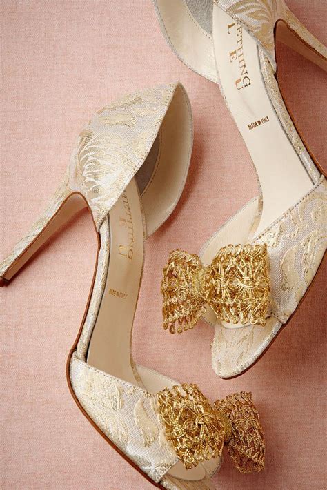 High Heel Ivory Wedding Shoe With A Golden Bow 2038898 Weddbook