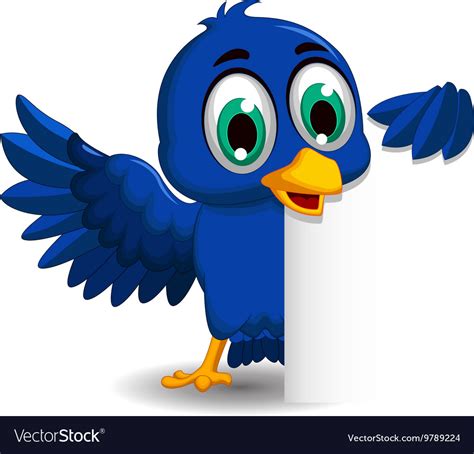Cute Blue Bird Cartoon Holding Blank Sign Vector Image