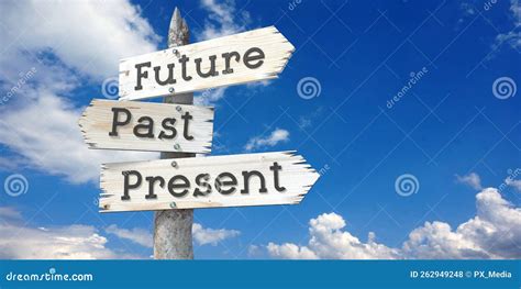 Future Past Present Wooden Signpost With Three Arrows Stock