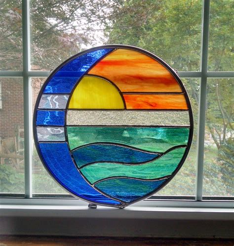 Moon And Sun Over Water Round Stained Glass Panel Sunset Suncatcher