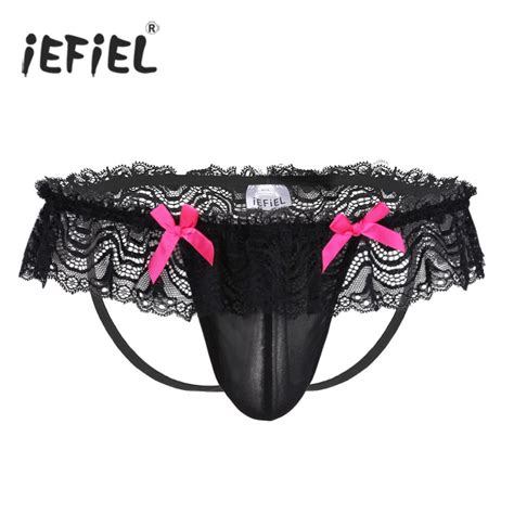 Iefiel Brand Hot Gay Mens Lingerie Panties See Through Mesh Lace Bowknot Open Butt Jockstraps