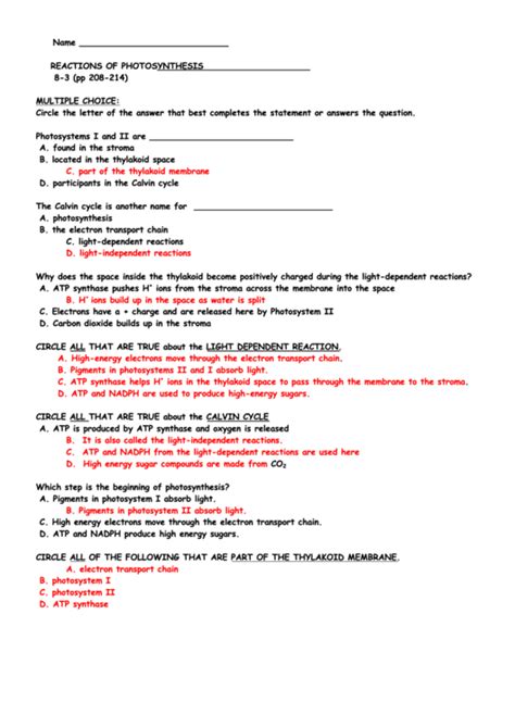reactions  photosynthesis worksheet  answers