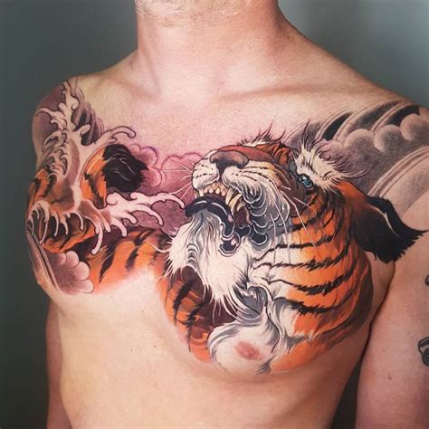 Neo Japanese Tiger Tattoo On The Chest