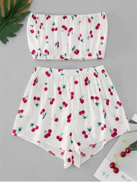 24 Off 2021 Zaful Cherry Print Bandeau Top And Shorts Set In White