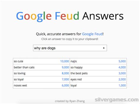 Instead of guessing people's answers, you'll guess what people might have googled! Google Feud Answers - Play Google Feud Answers Online on SilverGames