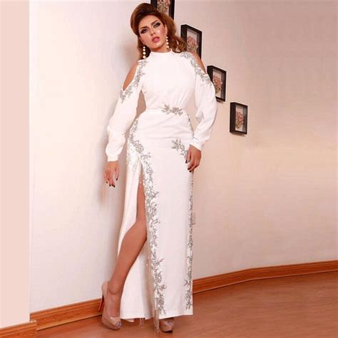Muslim Evening Gown Silver Beads Turkish Islamic Party Dress Long Sleeves Arabic White Robe