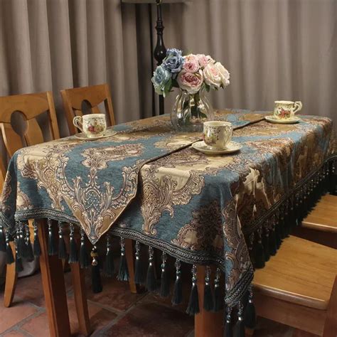 Curcya European Blue Chenille Jacquard Luxury Table Cloth Formal Dining