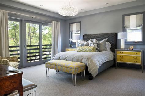 This grey yellow color combination exudes refinement and style. Gray and Yellow Master Bedroom with Upholstered Headboard ...