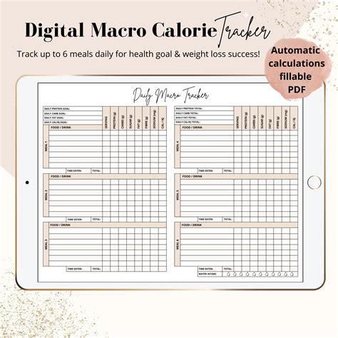 Daily Printable Macro Calorie Weight Loss Nutrition Health Fitness Meal