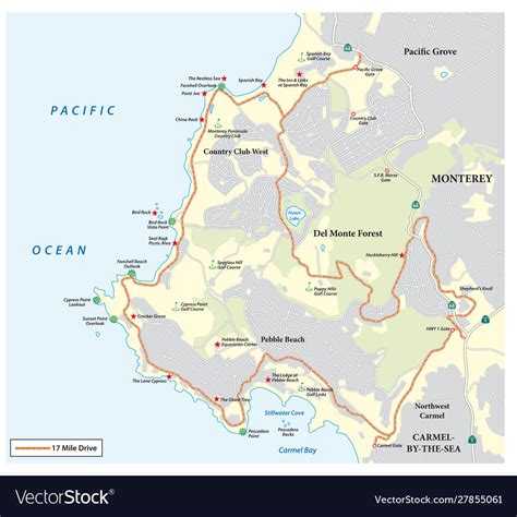 17 Mile Drive Map California Royalty Free Vector Image