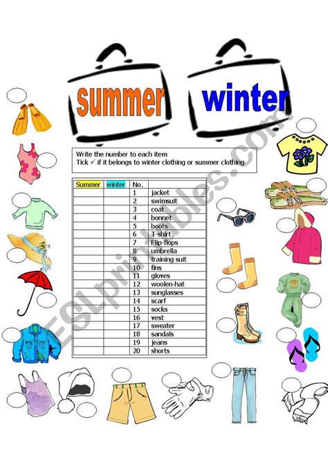 Summer And Winter Clothes Esl Worksheet By Gilorit