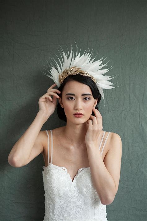 Asymmetrical Modern Bridal Headpiece With Ivory And Brass Feathers For