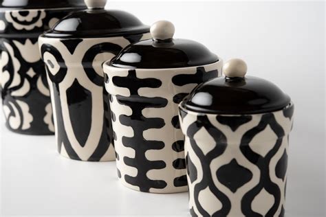 Black And White Ceramic Kitchen Canister Set Arabesque Etsy