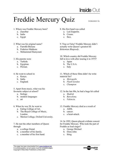 Freddie Mercury Quiz Worksheet A Inside Out Freddie Mercury Quiz