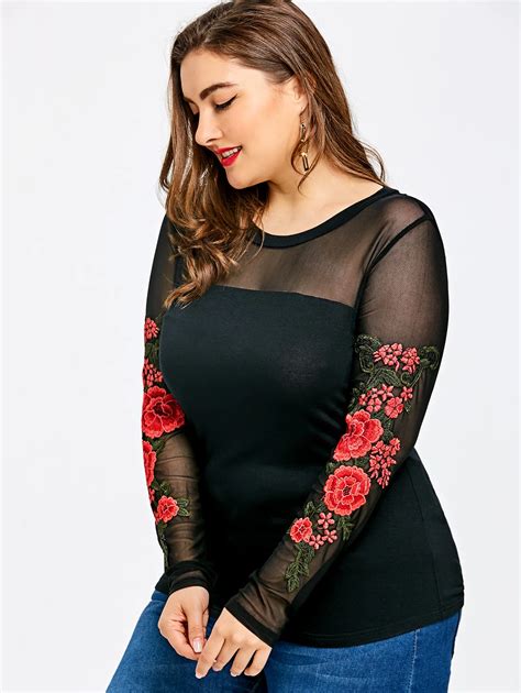 Wipalo Women Summer Tops Plus Size Embroidery Sheer Long Sleeve T Shirt Casual Black Womens Tops