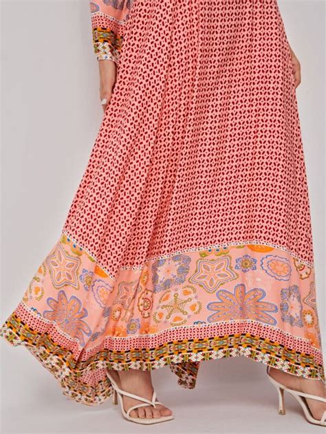SHEIN Mulvari All Over Print Tie Neck Asymmetrical Hem Dress SHEIN UK