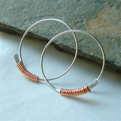Sterling Silver Hoop Earrings Copper Wire Wrapped Hoops Large Etsy