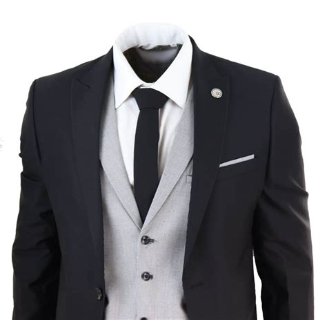 Mens Black 3 Piece Suit With Contrasting Grey Waistcoat Buy Online