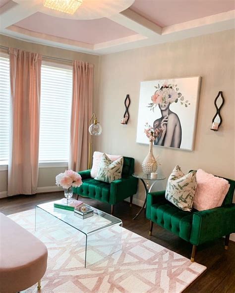 Lime green living room, dark green and so many other shades to try with this perfect color. Blush pink and emerald are a #homedecor combo made in ...