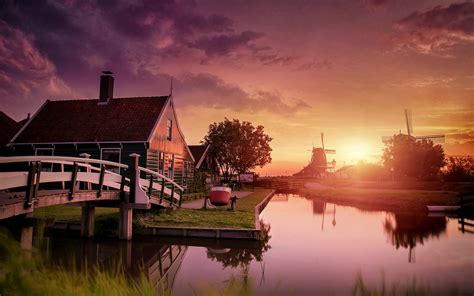 Windmills and watermills 378 28 0. nature, Landscape, Netherlands, Sunset, Windmills, Canal ...