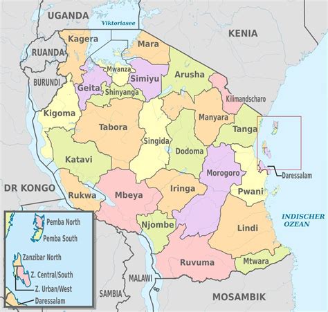 Map Of Tanzania Regions And Districts Map Of Tanzania Showing Regions And Districts Eastern