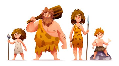 Primitive People Characters Prehistoric Stone Age Caveman Family Cartoon Illustration