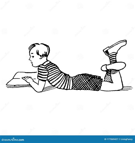Vintage Clipart 36 Boy Laying On Floor Reading Stock Illustration