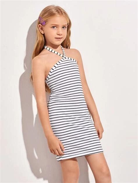 Girls Striped Halter Dress In 2021 Tween Fashion Outfits Girls Fashion Clothes Cute Girl Dresses