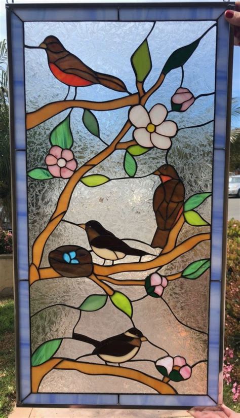 Lovely Birds And Blossoms Stained Glass Window Panel