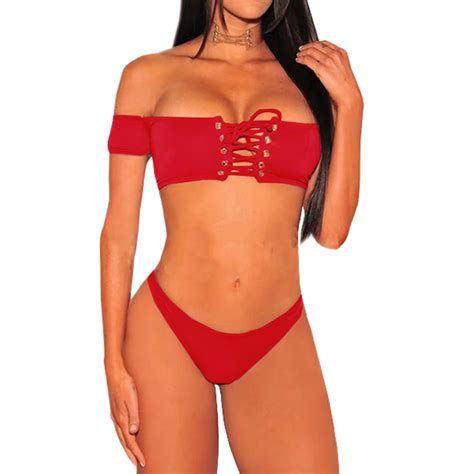 New Bikini Sexy Women Swimsuit Lace Up Off Shoulder Bikini Set Hot Sex Picture