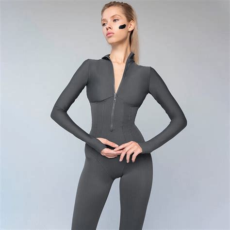 Woman Long Sleeve Bodysuit Solid Color Slim Waist Front Zipper Splicing