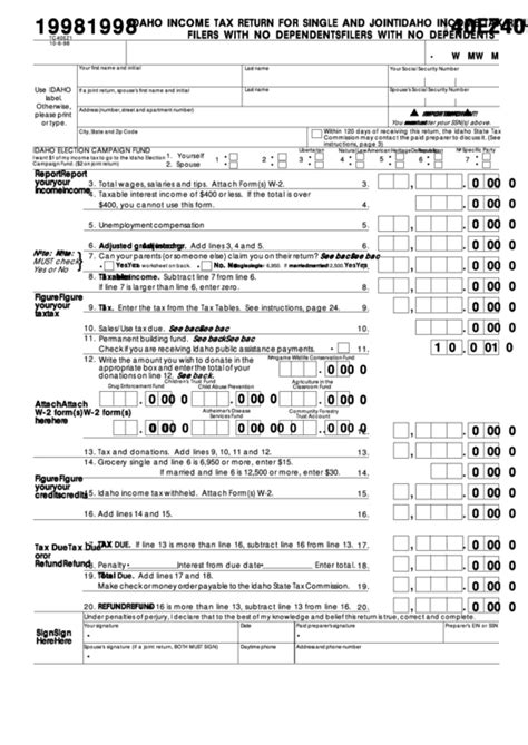 Fillable Form 40ez Idaho Income Tax Return For Single And Joint