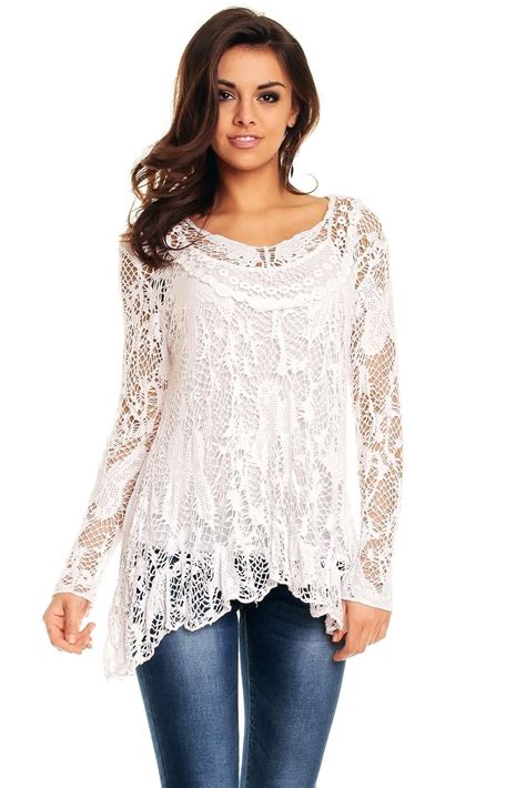 Ladies Long Tunic Top Lagenlook Lace Crochet Party Evening Casual Size 10 12 14 White Denim