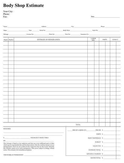 Free Printable Body Shop Estimate Forms Printable Forms Free Online