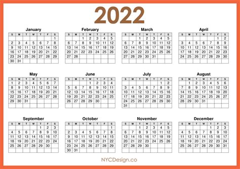 2022 Calendar Printable Free Horizontal Orange Hd Sunday Start