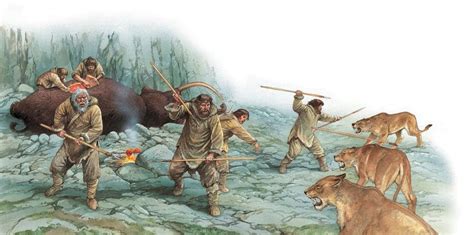 A Group Of Stone Age Hunters Ward Off Some Hungry Cave Lions From Their Woolly Mammoth Kill