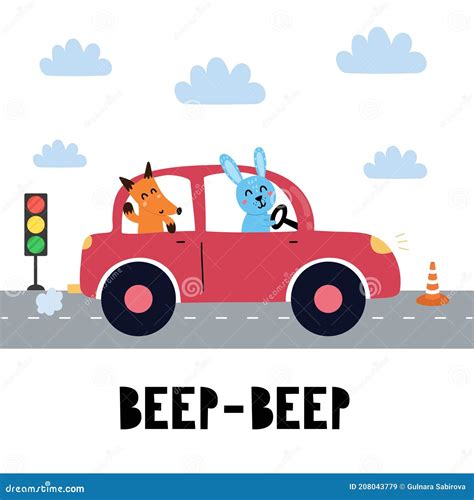 Beep Beep Print With Cute Rabbit And Fox Driving The Red Car Funny