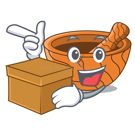 With Box Character Cartoon Wooden Mortar And Pestle Stock Vector