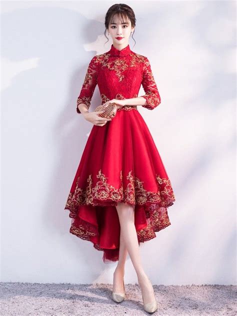 Red Dip Hem Qipao Cheongsam Evening Dress Chinese Prom Dress