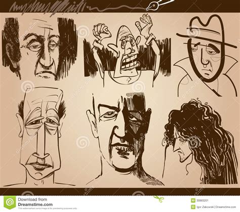 People Faces Cartoon Sketch Drawings Set Stock Image