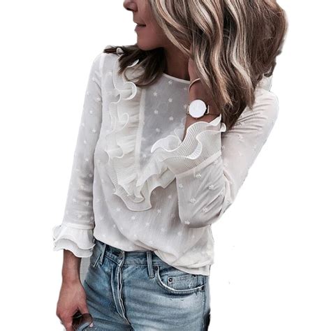 Women Blouses 2019 Autumn White Blouse Casual Tops Ruffles Long Sleeve Blouses Shirts Fashion